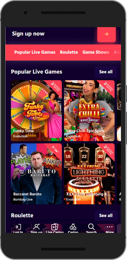 Big Baazi mobile live casino page